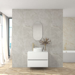 Pack LAUSANNE + encimera Dekton + lavabo estriado + espejo cápsula - Blanco mate - Dekton marina, 80.000