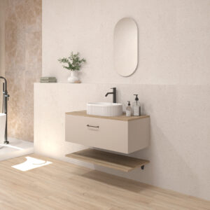 Pack CHAMBÉRY + estante + lavabo estriado + espejo cápsula - Biscuit, 100.00